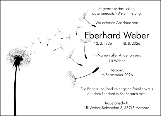 Traueranzeige von Eberhard Weber von Dill Block