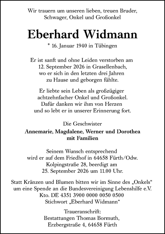 Traueranzeige von Eberhard Widmann von Allgemeine Zeitung Mainz