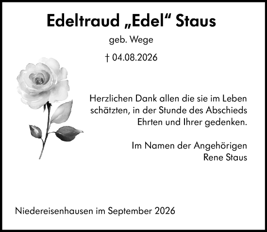 Traueranzeige von Edeltraud Staus von Hinterländer Anzeiger