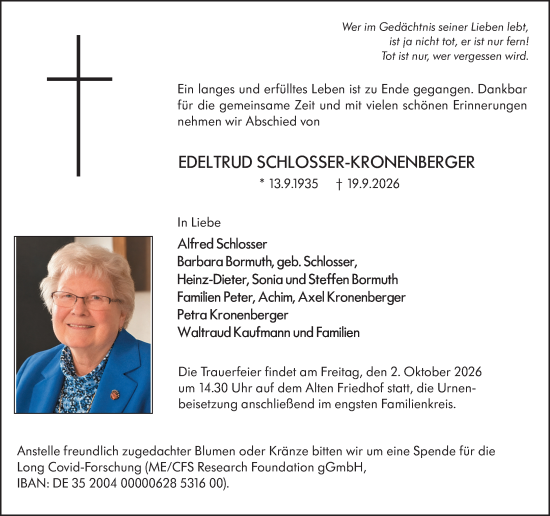 Traueranzeige von Edeltrud Schlosser-Kronenberger von Hochheimer Zeitung