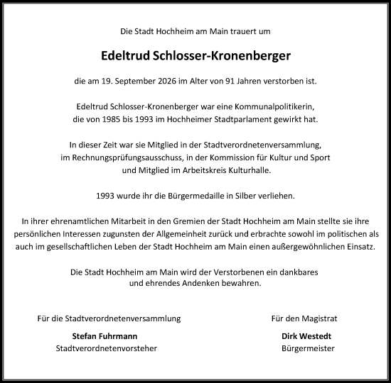 Traueranzeige von Edeltrud Schlosser-Kronenberger von Hochheimer Zeitung