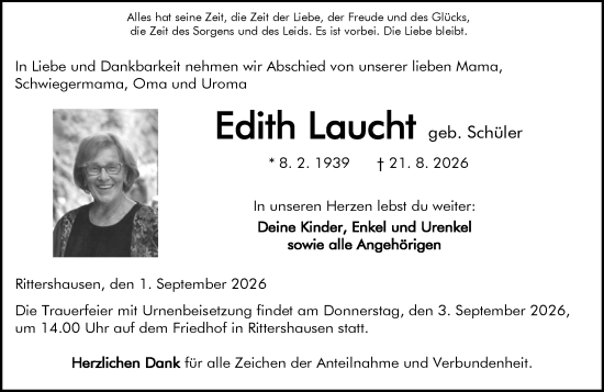 Traueranzeige von Edith Laucht von Dill Block