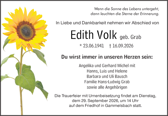Traueranzeige von Edith Volk von Odenwälder Echo