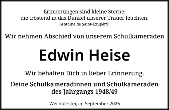 Traueranzeige von Edwin Heise von Weilburger Tageblatt