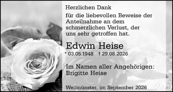 Traueranzeige von Edwin Heise von Weilburger Tageblatt