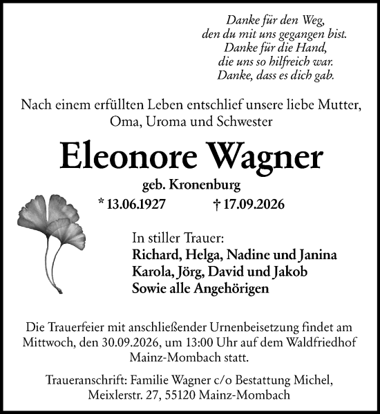 Traueranzeige von Eleonore Wagner von Allgemeine Zeitung Mainz