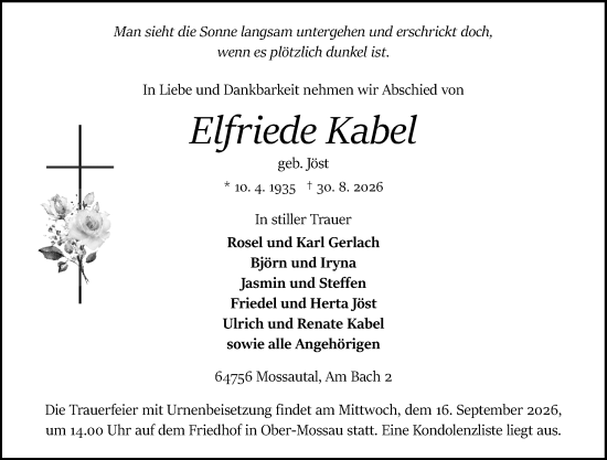Traueranzeige von Elfriede Kabel von Odenwälder Echo