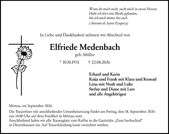 Traueranzeige von Elfriede Medenbach von Weilburger Tageblatt