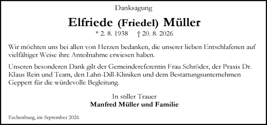 Traueranzeige von Elfriede Müller von Dill Block