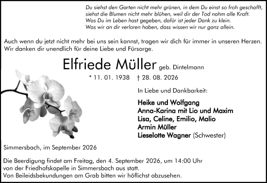 Traueranzeige von Elfriede Müller von Hinterländer Anzeiger