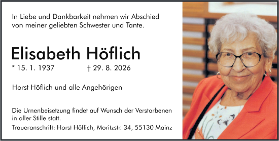 Traueranzeige von Elisabeth Höflich von Allgemeine Zeitung Mainz