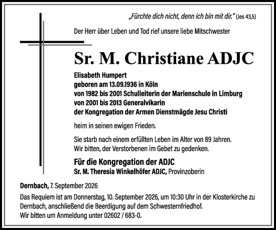 Traueranzeige von Elisabeth Humpert von Nassauische Neue Presse
