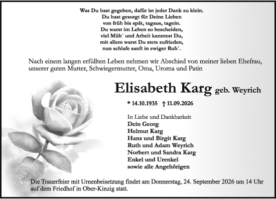 Traueranzeige von Elisabeth Karg von Odenwälder Echo