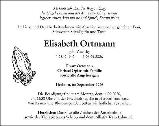 Traueranzeige von Elisabeth Ortmann von Dill Block