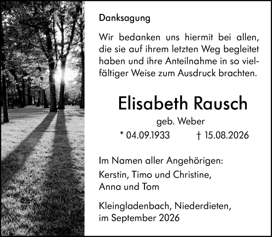 Traueranzeige von Elisabeth Rausch von Hinterländer Anzeiger