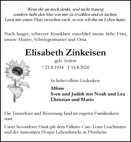 Traueranzeige von Elisabeth Zinkeisen von Rüsselsheimer Echo
