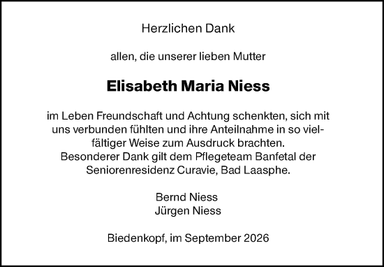 Traueranzeige von Elisabeth Maria Niess von Hinterländer Anzeiger
