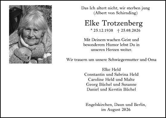 Traueranzeige von Elke Trotzenberg von Allgemeine Zeitung Mainz