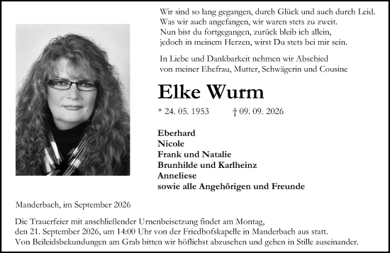 Traueranzeige von Elke Wurm von Dill Block