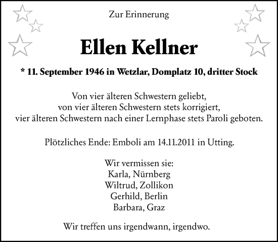 Traueranzeige von Ellen Kellner von Wetzlarer Neue Zeitung