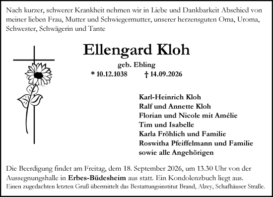 Traueranzeige von Ellengard Kloh von Allgemeine Zeitung Alzey