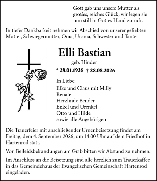 Traueranzeige von Elli Bastian von Hinterländer Anzeiger