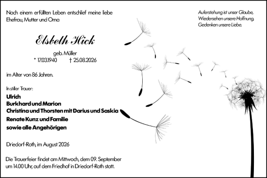 Traueranzeige von Elsbeth Hick von Dill Block
