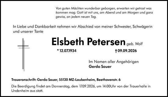 Traueranzeige von Elsbeth Petersen von Allgemeine Zeitung Mainz