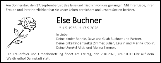 Traueranzeige von Else Buchner von Darmstädter Echo