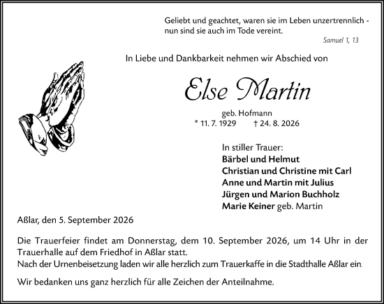Traueranzeige von Else Martin von Wetzlarer Neue Zeitung
