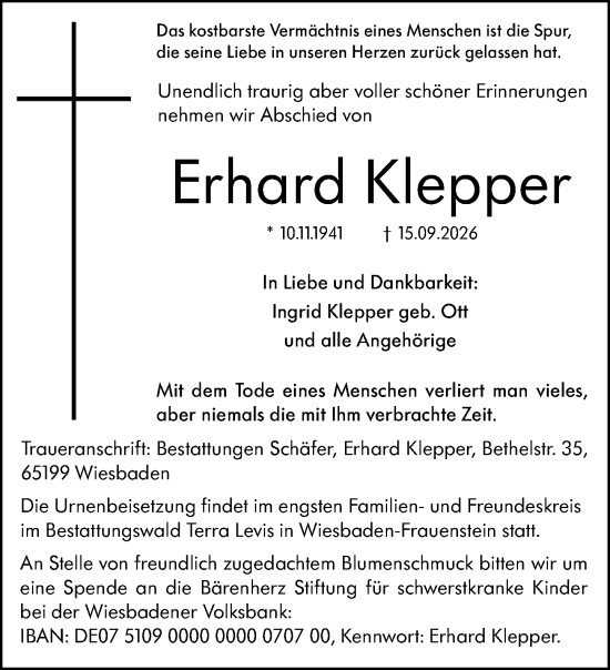 Traueranzeige von Erhard Klepper von Wiesbadener Kurier