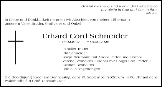 Traueranzeige von Erhard Cord Schneider von Dieburger Anzeiger/Groß-Zimmerner Lokal-Anzeiger