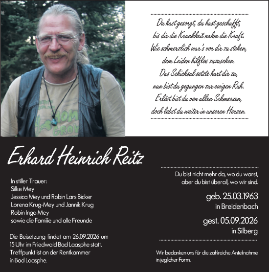 Traueranzeige von Erhard Heinrich Reitz von Hinterländer Anzeiger