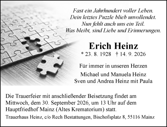 Traueranzeige von Erich Heinz von Allgemeine Zeitung Mainz