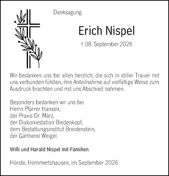 Traueranzeige von Erich Nispel von Hinterländer Anzeiger