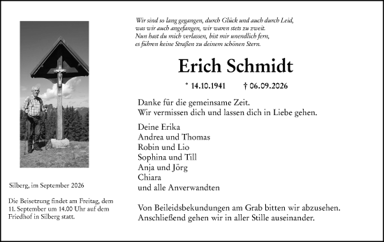 Traueranzeige von Erich Schmidt von Hinterländer Anzeiger