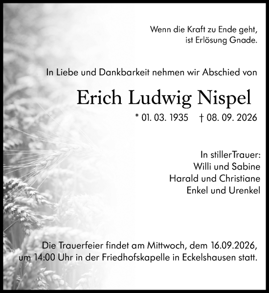 Traueranzeige von Erich Ludwig Nispel von Hinterländer Anzeiger