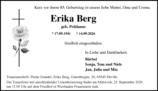 Traueranzeige von Erika Berg von Wiesbadener Kurier