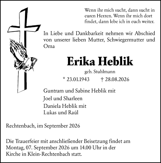 Traueranzeige von Erika Heblik von Wetzlarer Neue Zeitung