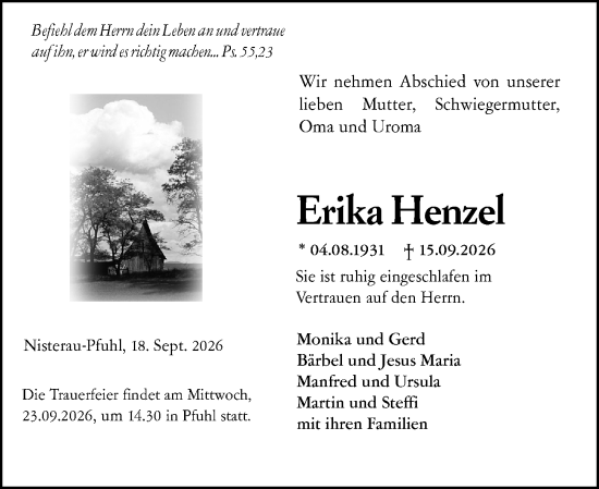 Traueranzeige von Erika Henzel von Hinterländer Anzeiger