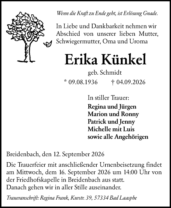 Traueranzeige von Erika Künkel von Hinterländer Anzeiger