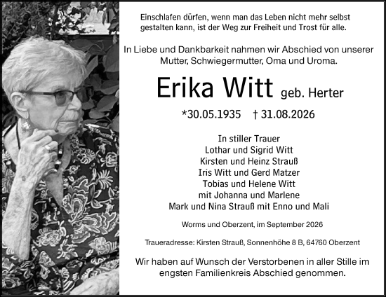 Traueranzeige von Erika Witt von Odenwälder Echo