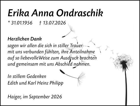Traueranzeige von Erika Anna Ondraschik von Dill Block