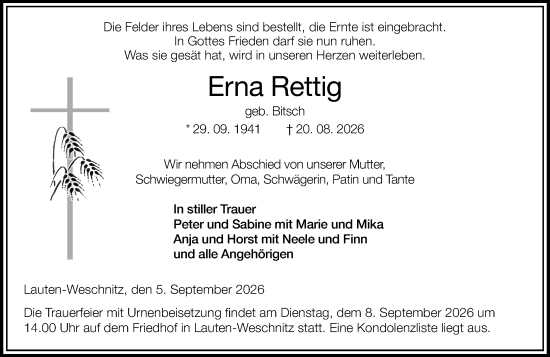 Traueranzeige von Erna Rettig von Starkenburger Echo