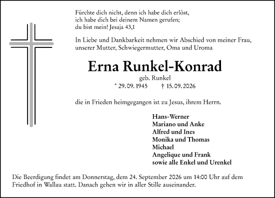 Traueranzeige von Erna Runkel-Konrad von Hinterländer Anzeiger