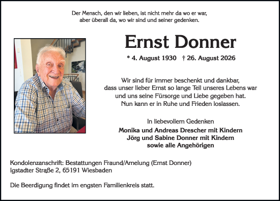 Traueranzeige von Ernst Donner von Wiesbadener Kurier