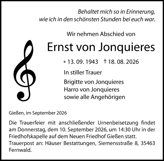 Traueranzeige von Ernst von Jonquieres von Wetzlarer Neue Zeitung