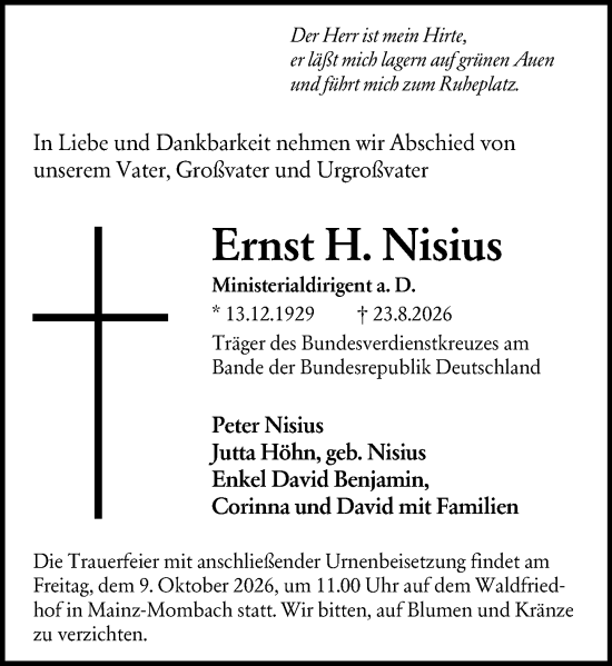 Traueranzeige von Ernst H. Nisius von Allgemeine Zeitung Mainz