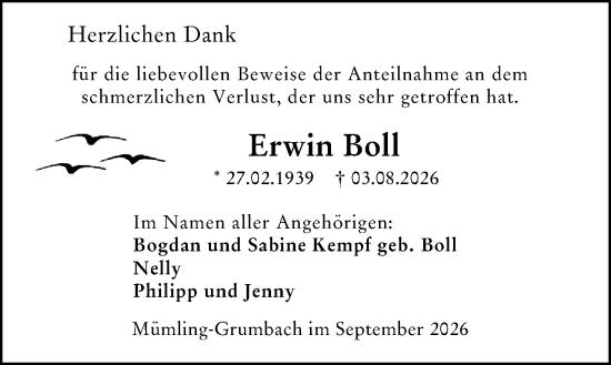 Traueranzeige von Erwin Boll von Odenwälder Echo