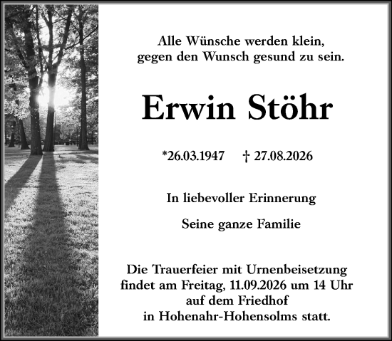 Traueranzeige von Erwin Stöhr von Wetzlarer Neue Zeitung